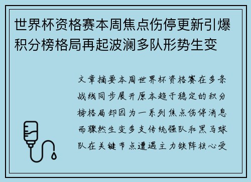 世界杯资格赛本周焦点伤停更新引爆积分榜格局再起波澜多队形势生变 世界杯资格赛本周焦点伤停更新引爆积分榜格局再起波澜多队形势生变