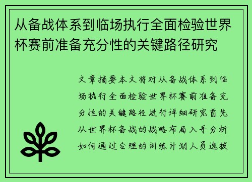 从备战体系到临场执行全面检验世界杯赛前准备充分性的关键路径研究